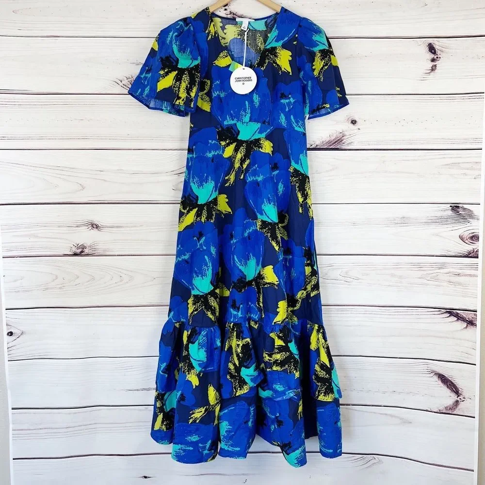 Christopher John Rodgers Blue Paradise Tiered Puff Maxi Dress Size - Picture 3 of 9